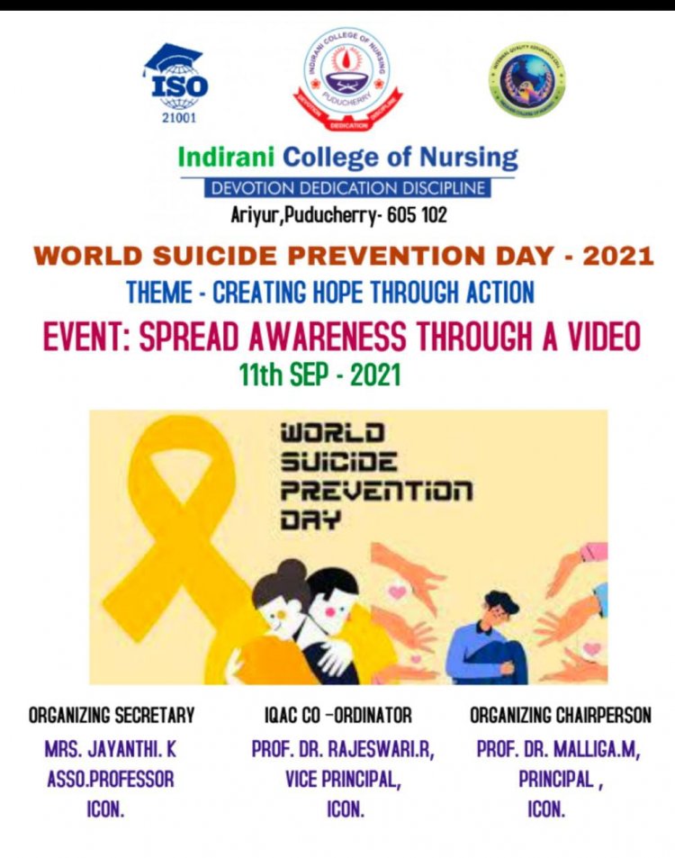 World Suicide Prevention Day 2021 - Indirani College of Nursing, Ariyur,Puducherry