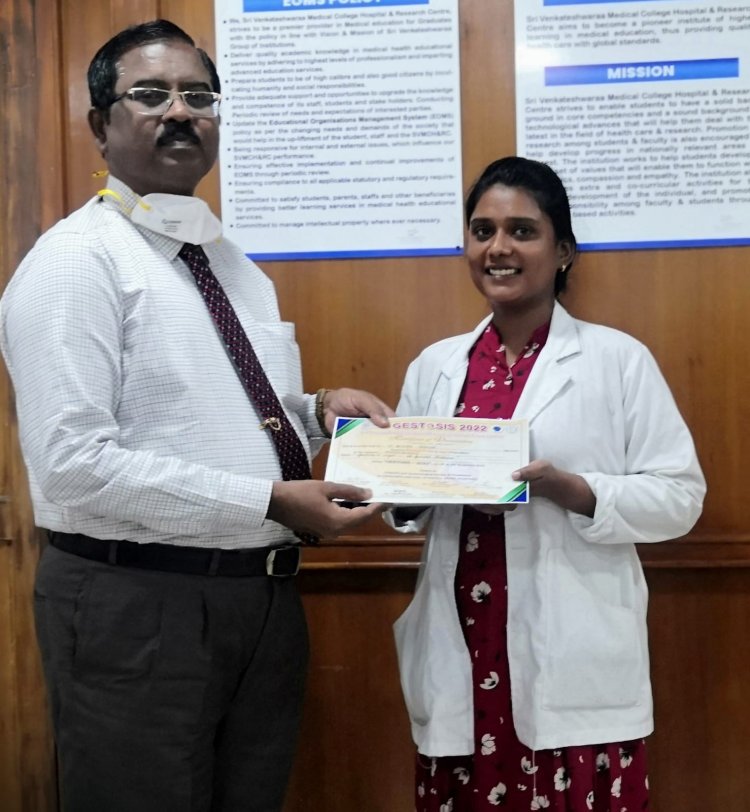 "Postgraduate Student from Sri Venkateshwaraa Medical College Wins Second Prize in Paper Presentation at GESTOIS Conference"