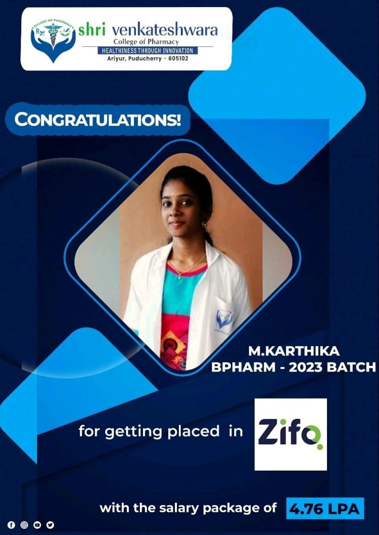 BPharm Student Secures Prestigious Job at ZifoRnD with Impressive Salary Package - Shri Venkateshwaraa College of Pharmacy