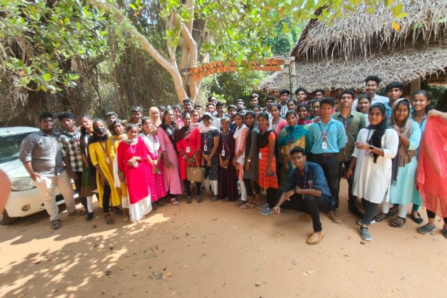 Sadhana Forest Visit-26.2.2024 by our BPT 1st year students to gain knowledge Perma culture planting, Water conserving techniques like Rain water harvesting & Cultures followed by the Vegan community.