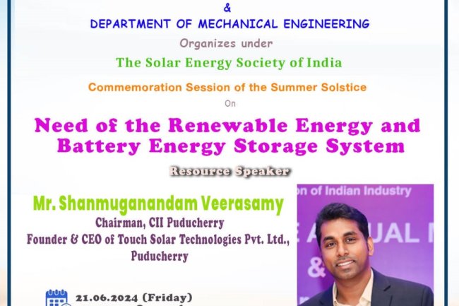 SVCET  Signed a MoU with Touch Solar Technologies Pvt Ltd Puducherry on 21st June 2024