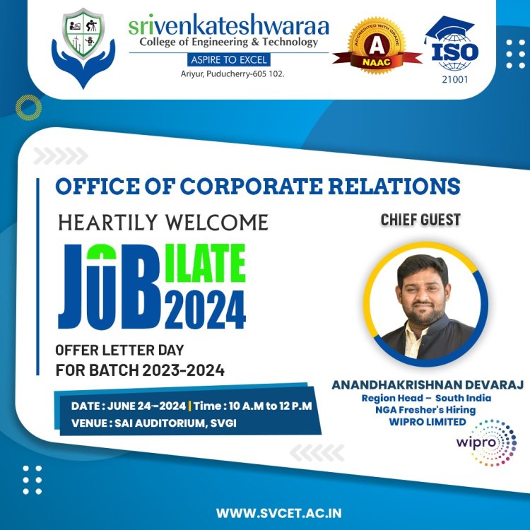 SVCET successfully organized JOBILATE 2024 distribution offer letters to students batch 2023-2024 on 24th June 2024 