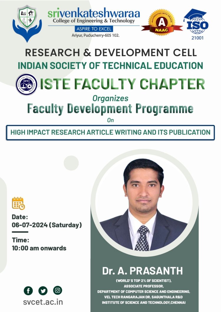 FDP on  High Impact Research Article Writing and its Publication on 6th July 2024 under ISTE Faculty Chapter