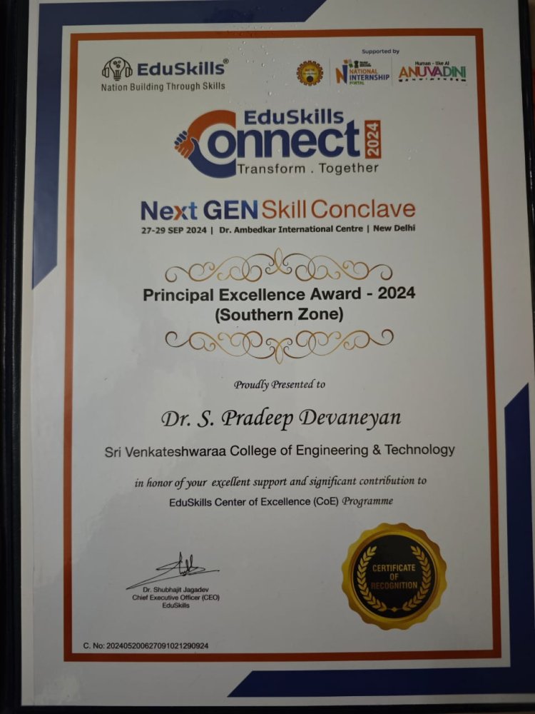 SVCET have bagged five awards and recognition during Eduskills Foundation conclave 2024 which was held at New Delhi