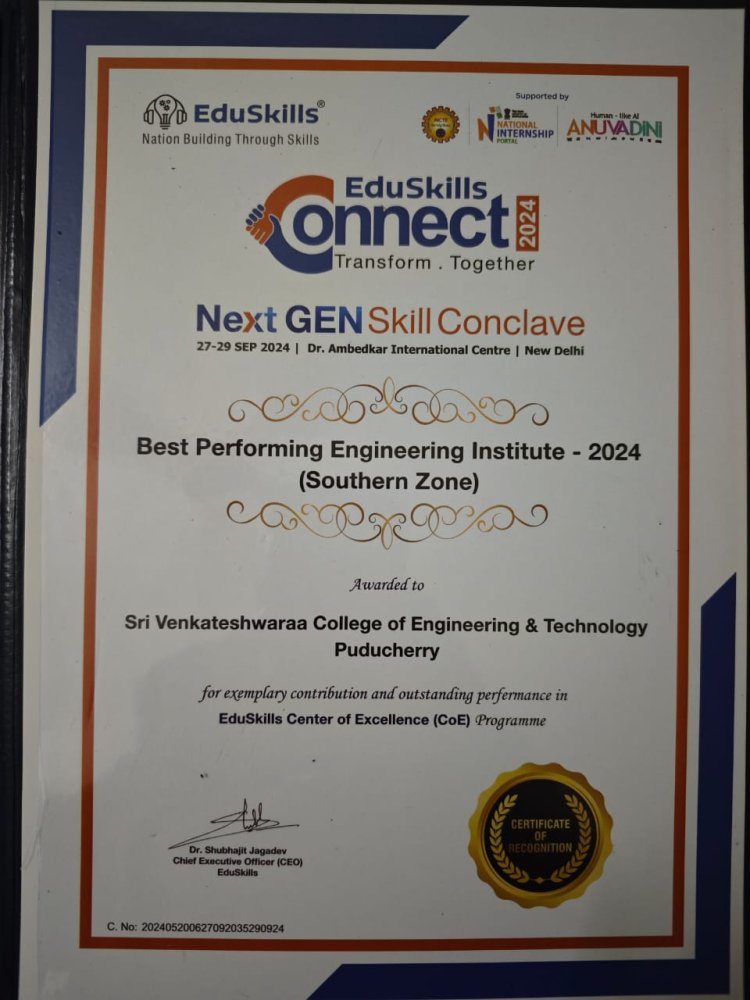 SVCET have bagged five awards and recognition during Eduskills Foundation conclave 2024 which was held at New Delhi