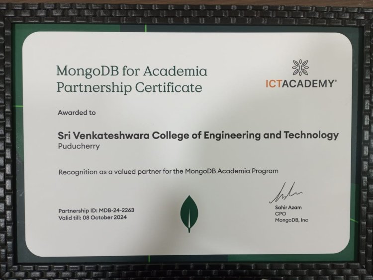 SVCET has been recognised with a Partnership certificate by MongoDB along with ICTACT on 8-10-2024