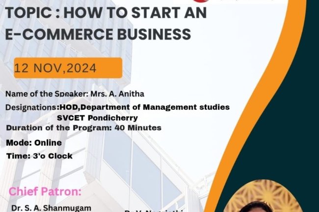 SVCET MBA HOD Ms A ANITHA acted  as resource person for webinar by  Fisheries Business  school of Tamilnadu Dr J Jayalalithaa Fisheries university on the topic How to start ecommerce Business on 12th November 2024