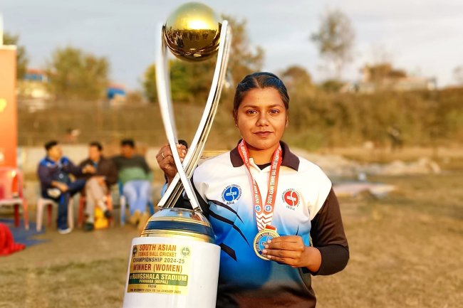 Ms S Uma Maheswari I year MBA has been selected as a player of India to represent the Indian Womens Tennis Ball cricket team in The south Asian International Tennis Ball Cricket Championship 2024 25 at Pokhara Nepal and our Indian team won the final match and gold medal which held at Nepal