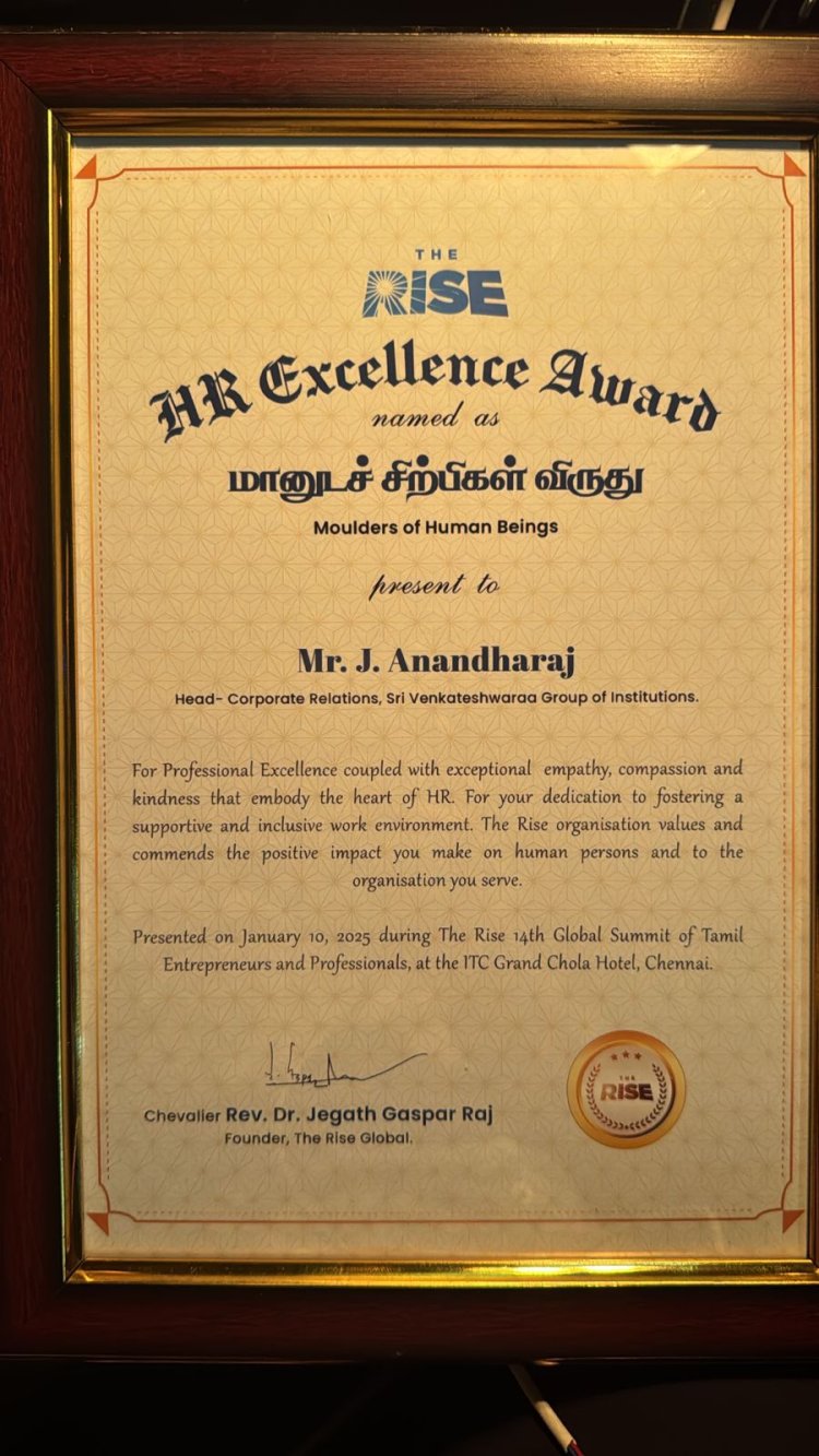 SVGI PLACEMENT OFFICER Mr  J Anandharaj has  received the prestigious Manuda Sirpigal Award at The Rise 14th Global Summit of Tamil Entrepreneurs and Professionals held at ITC Grand Chola Hotel Chennai