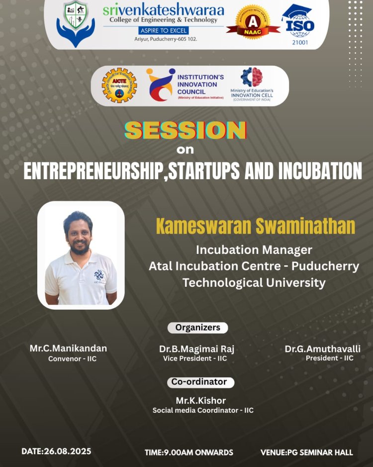 SVCET IIC Cell has conducted a Session on Entrepreneurship Startups and Incubation on 26 th August 2025