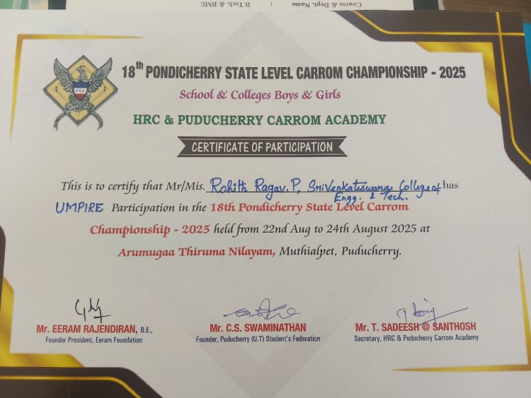  SVCET BME Students Served as Umpires in 18th Pondicherry State Level Carrom Championship 2025