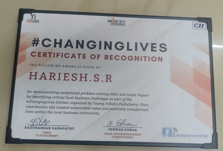 14 SVCET I YEAR  MBA students  have actively participated in the Changing Lives Contest organized by Young Indians Yi Puducherry Chapter and achieved FIRST and THIRD PRIZES