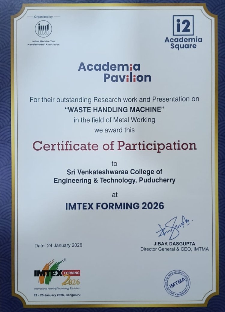 SVCET Mechanical research project has been selected for IMTEX 2026 at Bangalore