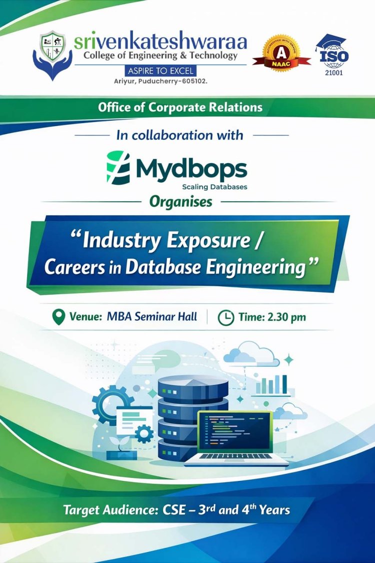 Office of Corporate Relations SVCET organised a Guest Lecture on Industry Exposure  Careers in Database Engineering  with Mydbops for our CSE 3rd and 4th year students on 5th Feb 2026