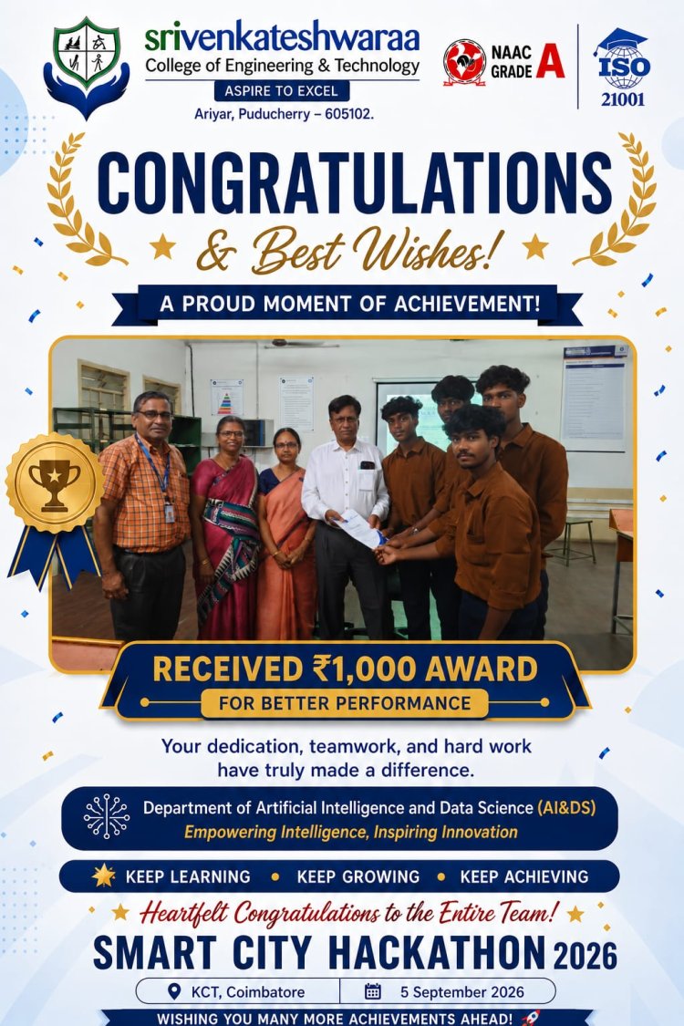 SVCET II Year AIDS students have secured the 4th Position in the Smart City Hackathon conducted by Kumaraguru College of Technology Coimbatore