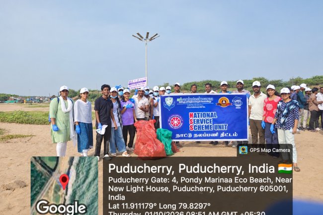 SVCET NSS conducted mass awareness cum cleanliness activity on 1-10-2026 at Pondy Marina