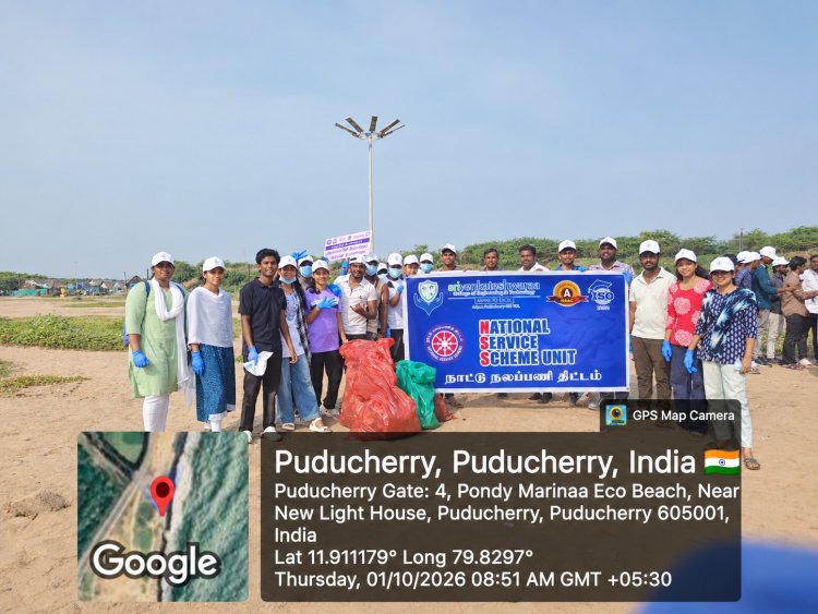 SVCET NSS conducted mass awareness cum cleanliness activity on 1-10-2026 at Pondy Marina