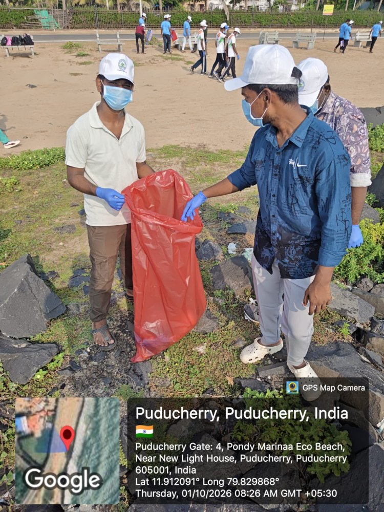 SVCET NSS conducted mass awareness cum cleanliness activity on 1-10-2026 at Pondy Marina