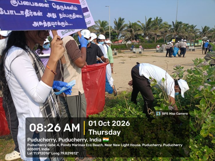 SVCET NSS conducted mass awareness cum cleanliness activity on 1-10-2026 at Pondy Marina